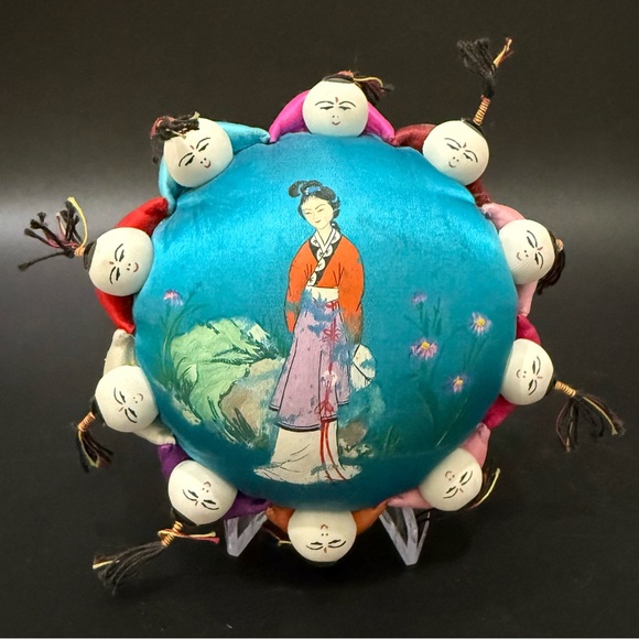 Other - Vintage Handpainted Chinese Silk Round Pincushion Surrounded with 10 Cute Dolls